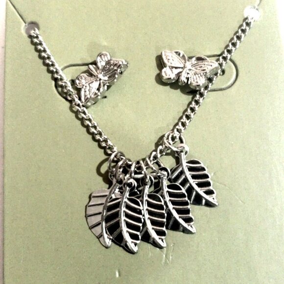 Silver-Tone Leaf Charm Necklace & Butterfly Stud Earrings Set – Nature Jewelry - Picture 3 of 9